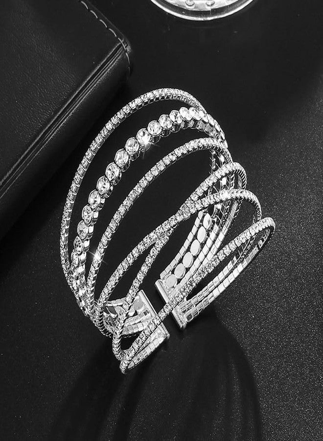 Wovanoo Rhinestone Cuff Bracelet for Women 2Pieces MultiLayer Rhinestone Bracelet Sparkling Crystal Bridal Bracelet for Party Prom Wedding Silver 1 - Image 5
